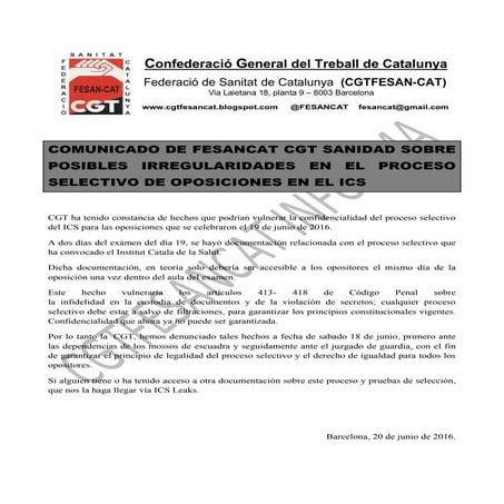 2016.06.20 COMUNICADO FESANCAT CGT SANIDAD SOBRE POSIBLES IRREGULARIDADES OPOS ICS