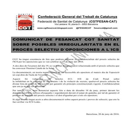 2016.2016.06.20 COMUNICAT FESANCAT CGT SANITAT SOBRE POSIBLES IRREGULARIDADES OPOS ICS