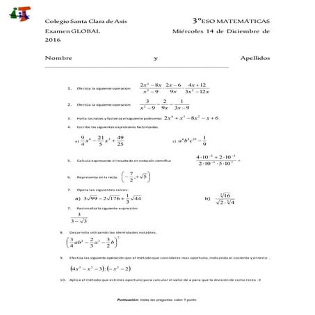 2016 2017. 3ºeso. matemáticas global 1ª evaluación 
