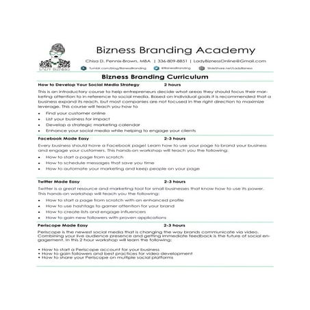 2016 Bizness Branding Academy Curriculum 