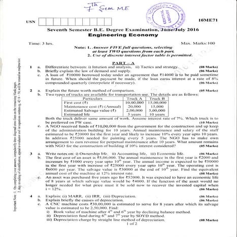 7th Semester Mechanical Engineering (June-2016) Question Papers