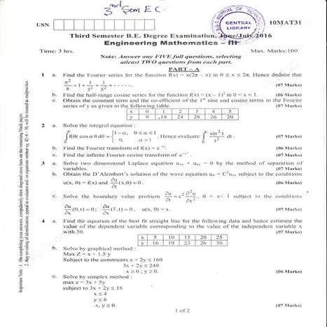 3rd Semester Electronics and Communication Engineering (June-2016) Question P...