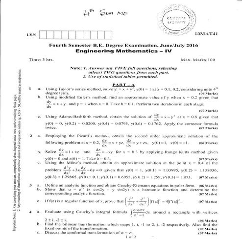 4th Semester Mechanical Engineering (June-2016) Question Papers
