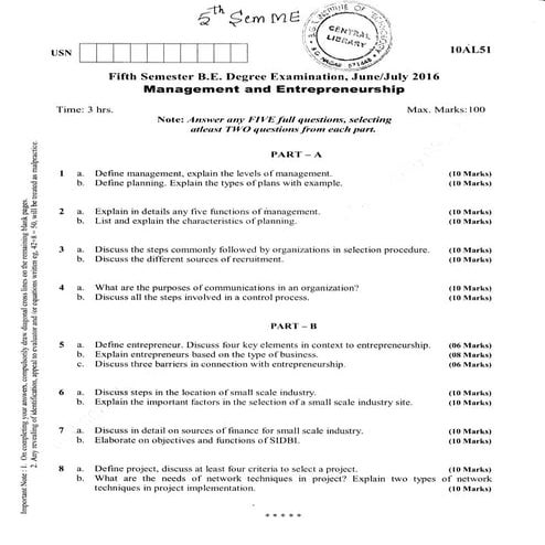 5th Semester Mechanical Engineering (June-2016) Question Papers