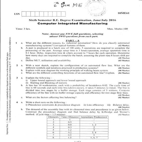6th Semester Mechanical Engineering (June-2016) Question Papers