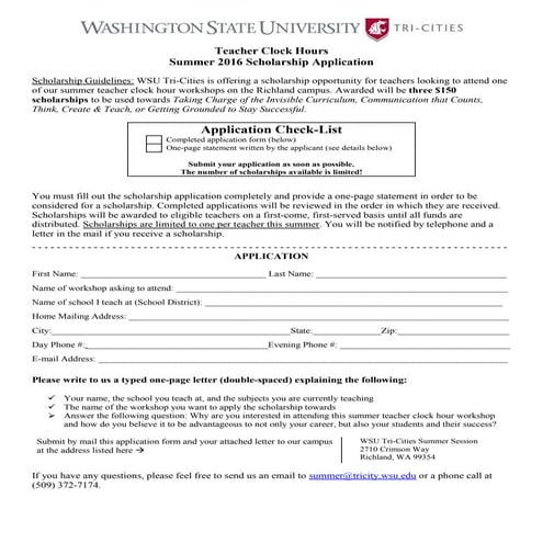 2016 summer-teacher-clock-hour-scholarship-application-form