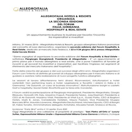 Comunicato stampa AllegroItalia Hotels and Resorts 31/03/2016
