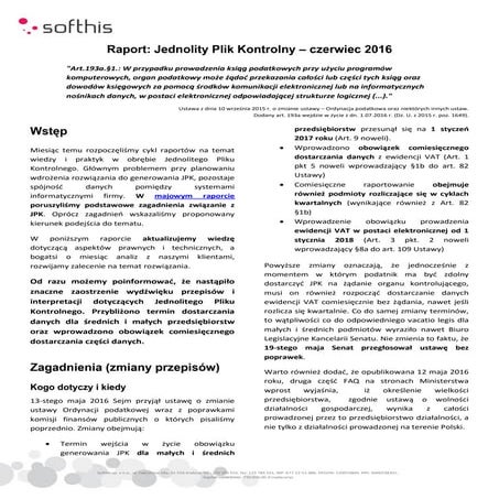 Jednolity Plik Kontrolny - Raport Softhis - czerwiec 2016