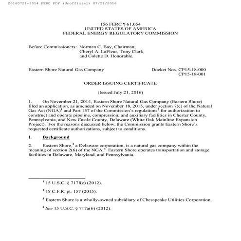 FERC Approval for ESNG's White Oak Mainline Expansion Project