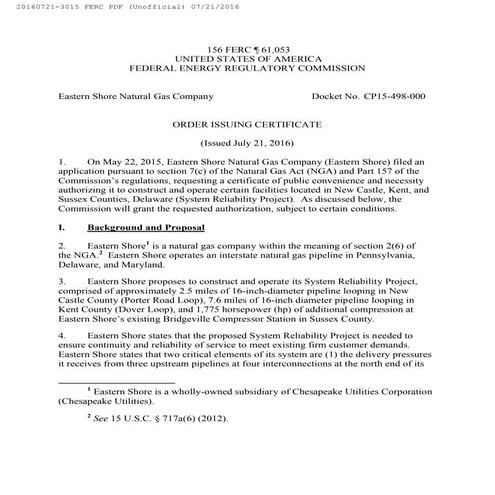 FERC Approval for ESNG's System Reliability Project