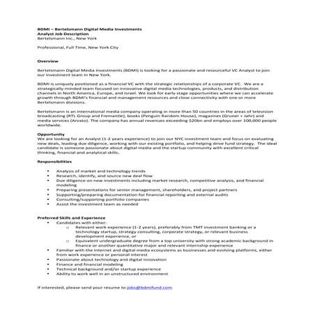 BDMI 2016 Analyst Job Description