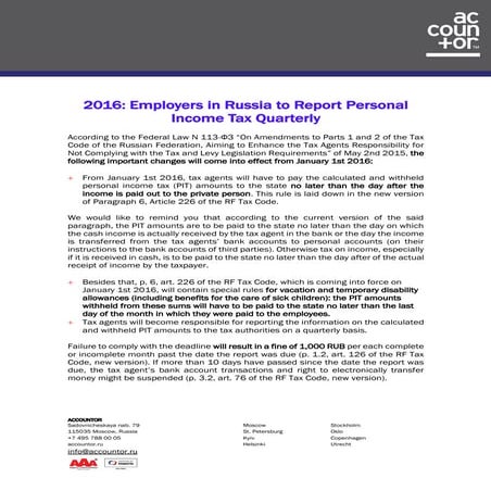 Since 2016 Employers in Russia to Report Personal Income Tax Quarterly