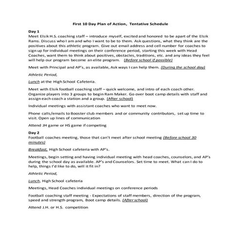 First 10 Days Action Plan for New Head Football Coach