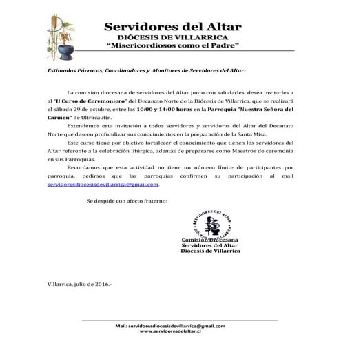 Invitación II Curso de Ceremoniero Decanato Norte