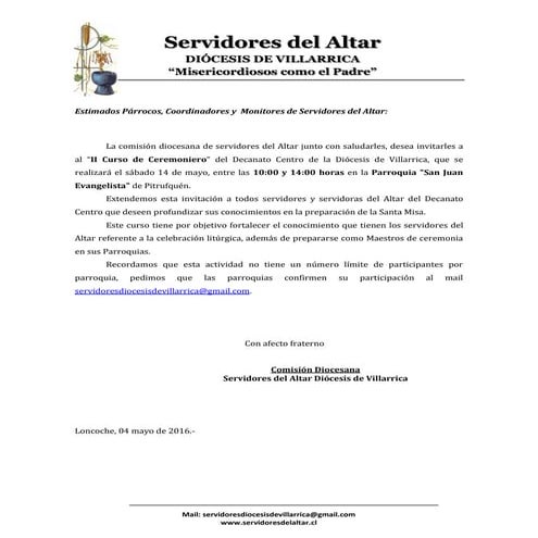 2016 invitación II Curso de Ceremoniero Decanato Centro