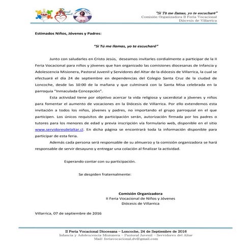 2016 Invitación II Feria Vocacional Niños, Jóvenes y Padres