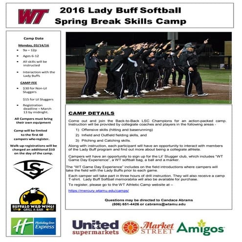 2016 WT Softball Spring Break Skills Camp