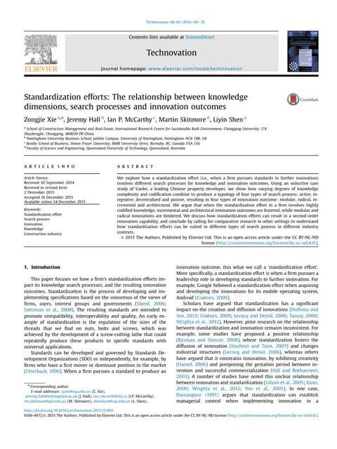 Standardization efforts:The relationship between knowledge dimensions, search processes and innovation outcomes