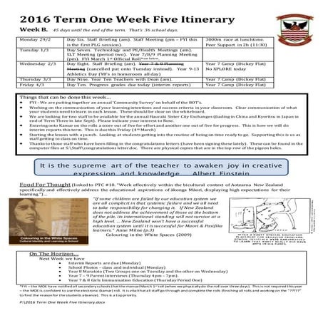 2016 term one week five itinerary