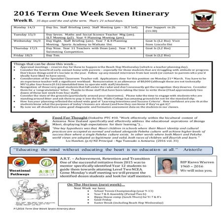 2016 term one week seven itinerary