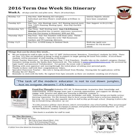 2016 term one week six itinerary
