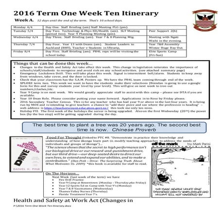 2016 term one week ten itinerary