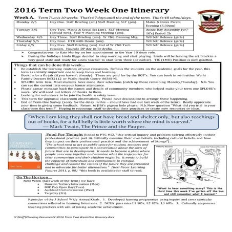 2016 term two week one itinerary