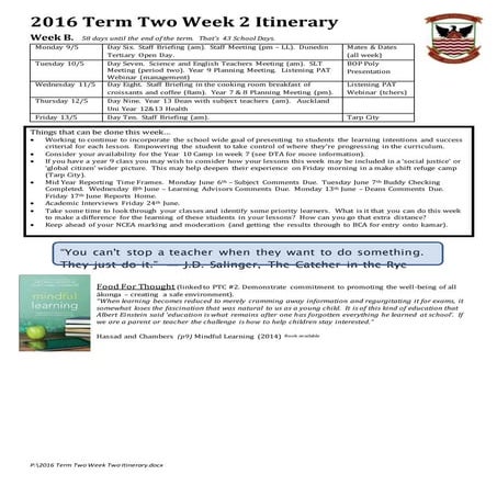 2016 term two week two itinerary