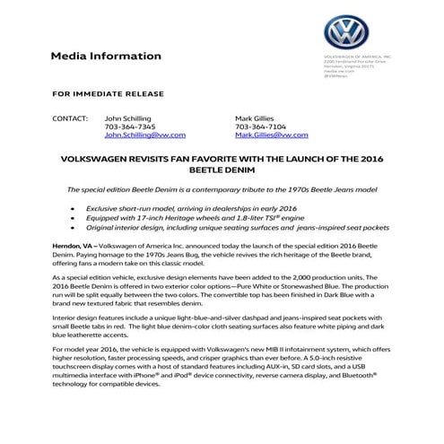 2016 volkswagen beetle denim - Press release