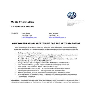 2016 volkswagen passat pricing release
