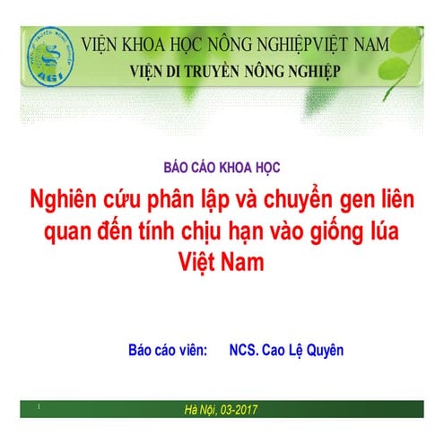 2017. TS Cao Lệ Quyên. Nghiên cứu phân lập và chuyển gen liên quan đến tính c...