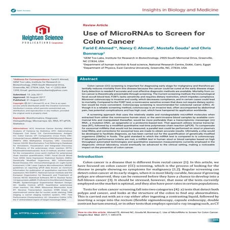 Use of MicroRNAs to Screen for Colon Cancer