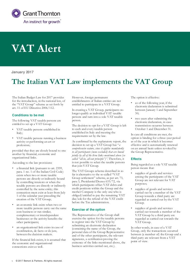 Italy Italian VAT Law implements the VAT Group