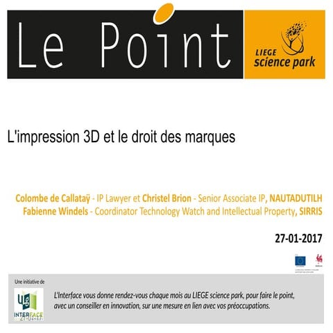 Impression 3D et droit des marques _ Le Point du LiEGE science park _ 27 janv...