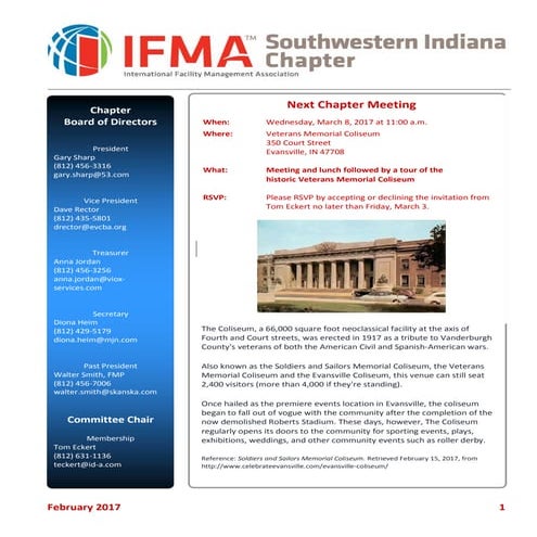 February 2017 IFMA Southwestern Indiana Chapter Newsletter