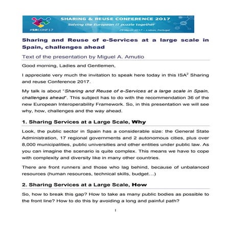 Sharing and Reuse of e-Services at a large scale in Spain, challenges ahead