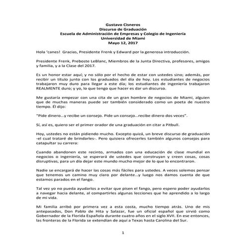 Discurso Gustavo Cisneros en la Universidad de Miami