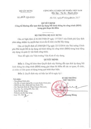 Quyết định số 1057/QĐ-BXD về việc công bố Hướng dẫn tạm thời áp dụng Mô hình thông tin công trình (BIM)