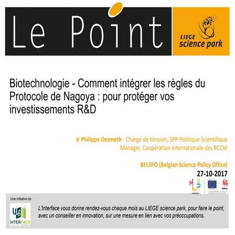 Protocole NAGOYA - Le Point du LIEGE science park - 27 octobre 2017