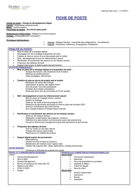 Poste de Chargé du développement digital