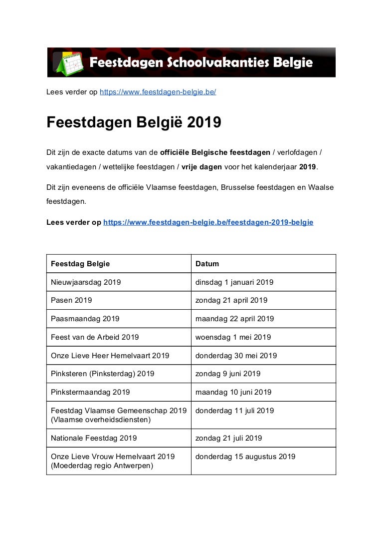 palm oud Trouw feestdagen 2019 belgie exacte datums op kalender