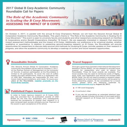 2017 Global B Corp Academic Community Roundtable -- Call for Papers