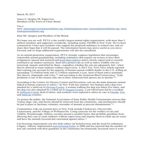 2017 ltr from peta to town of ulster re cat control