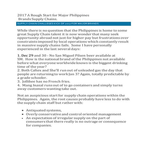 2017 A Rough Supply Chain Start for Major Philippine brands
