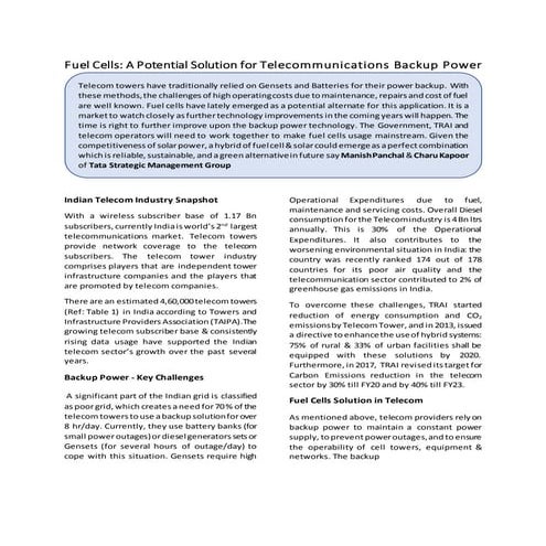Fuel Cells- A Potential Solution for Telecommunications Backup Power