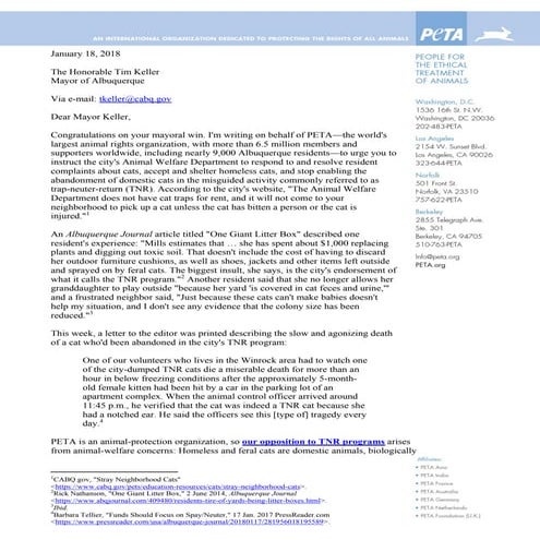 PETA Letter - Opposing TNR of Cats - 2018 01-18 