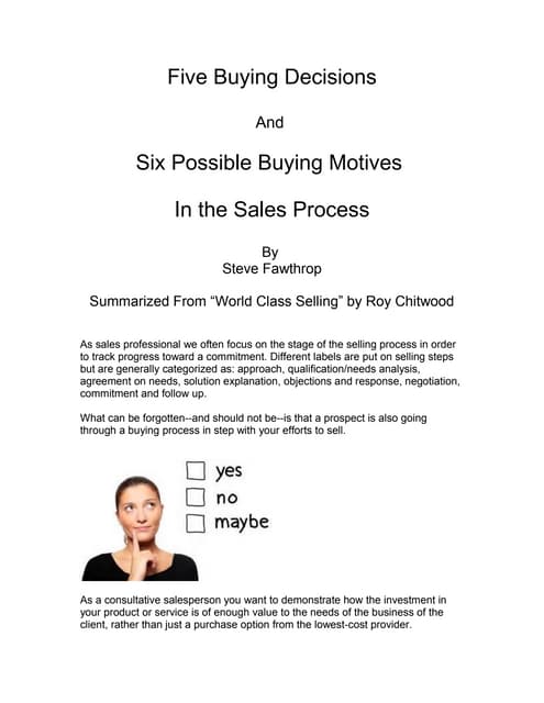 5 Buying Decisions and 6 Possible Buying Motives in a Sale