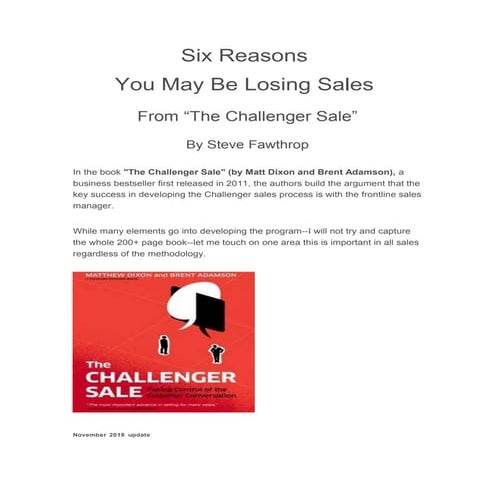 Six Reasons You May Be Losing Sales, from The Challenger Sale 