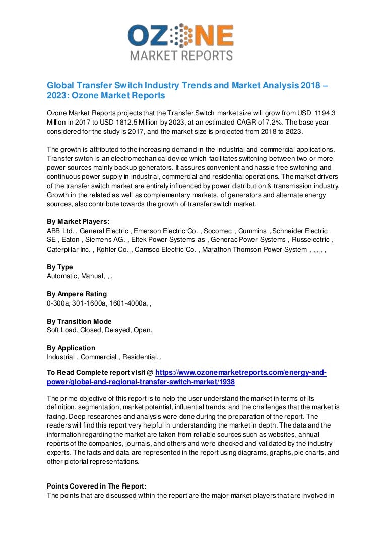 Global Transfer Switch Industry Trends and Market Analysis 2018 – 2023:  Ozone Market Reports