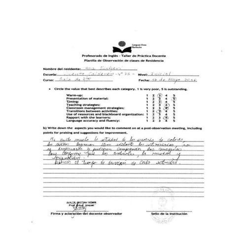 2018 - TPD - Kindergarten Level - Planilla de Observación de Clases de Residencia 1 - Eccheri